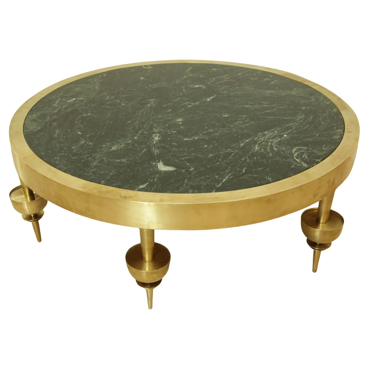 Custom Modernist Art Deco Polished Brass & Green Marble Round Coffee Table, 2010 — detail view 13