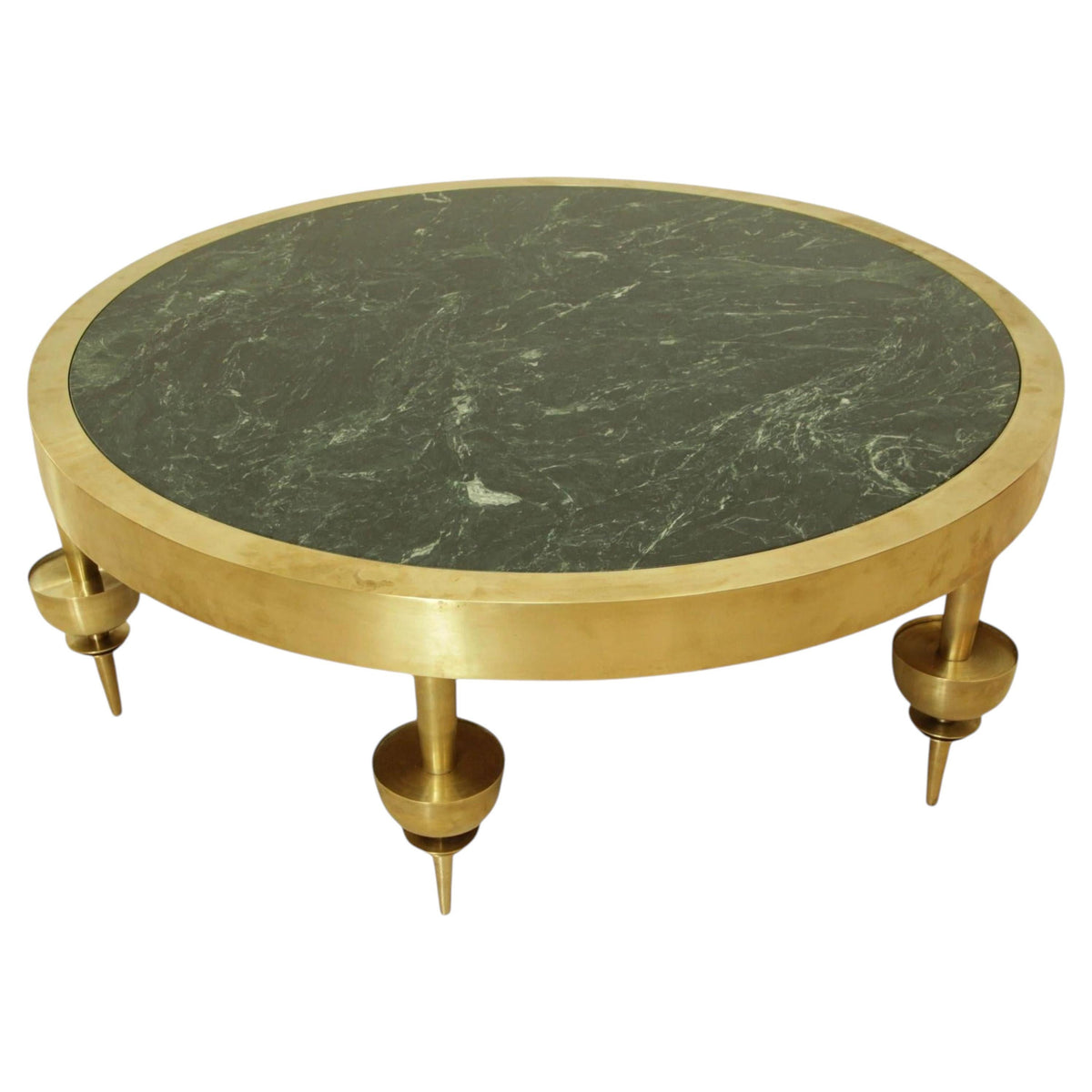Custom Modernist Art Deco Polished Brass & Green Marble Round Coffee Table, 2010 — United States
