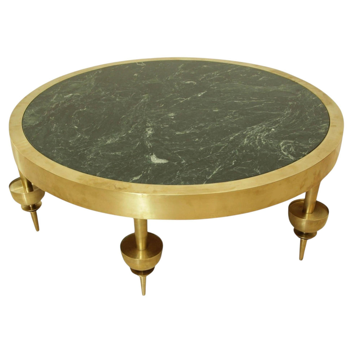 Custom Modernist Art Deco Polished Brass & Green Marble Round Coffee Table, 2010 — detail view 2