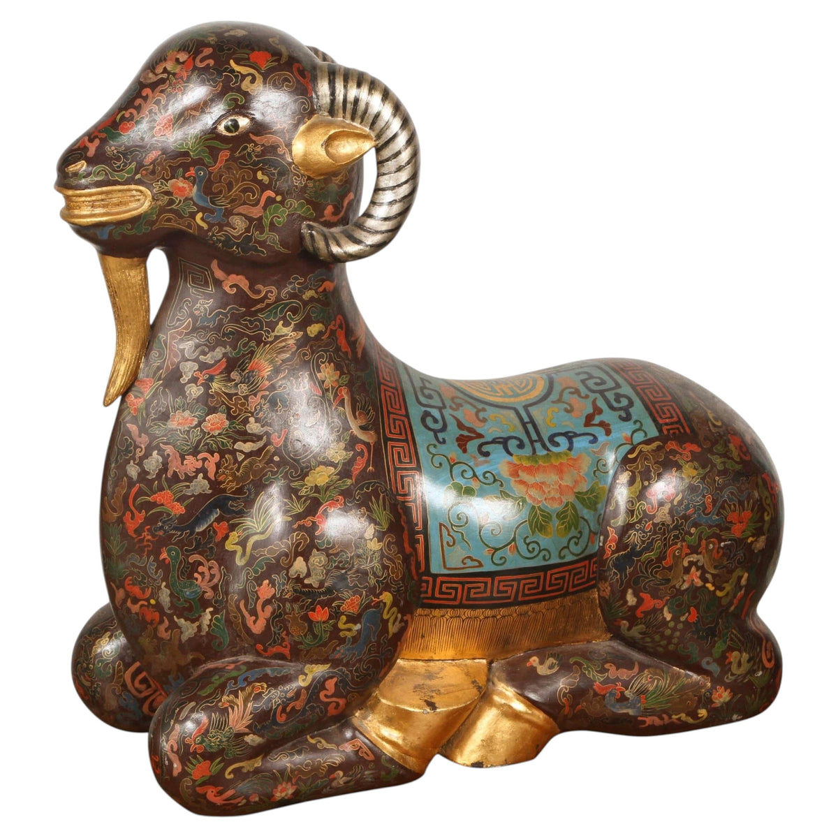 Large Chinese Hand-Painted Wood Ram Sculpture with Zodiac Motifs