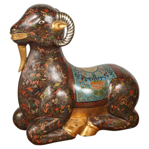 Large Chinese Hand-Painted Wood Ram Sculpture with Zodiac Motifs