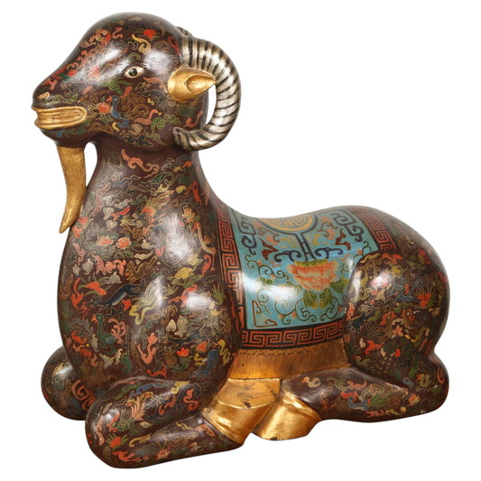 Large Chinese Hand-Painted Wood Ram Sculpture with Zodiac Motifs