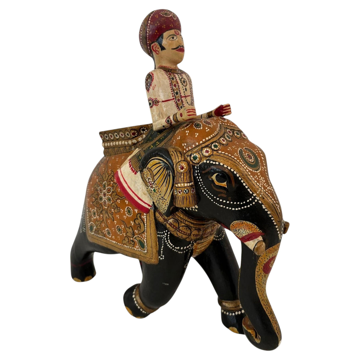 Antique Anglo-Raj Hand-Carved Teak Elephant with Rider Polychrome Sculpture — main image