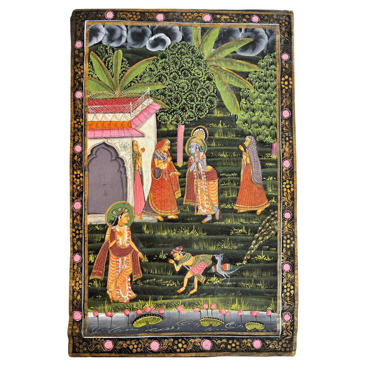 Vintage Rajasthani Krishna & Gopis Gouache and Gold Painting on Cloth — additional view 2