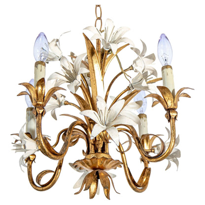 Italian Hollywood Regency Gilt Tole Lily Four-Light Chandelier, 1960s — Italy