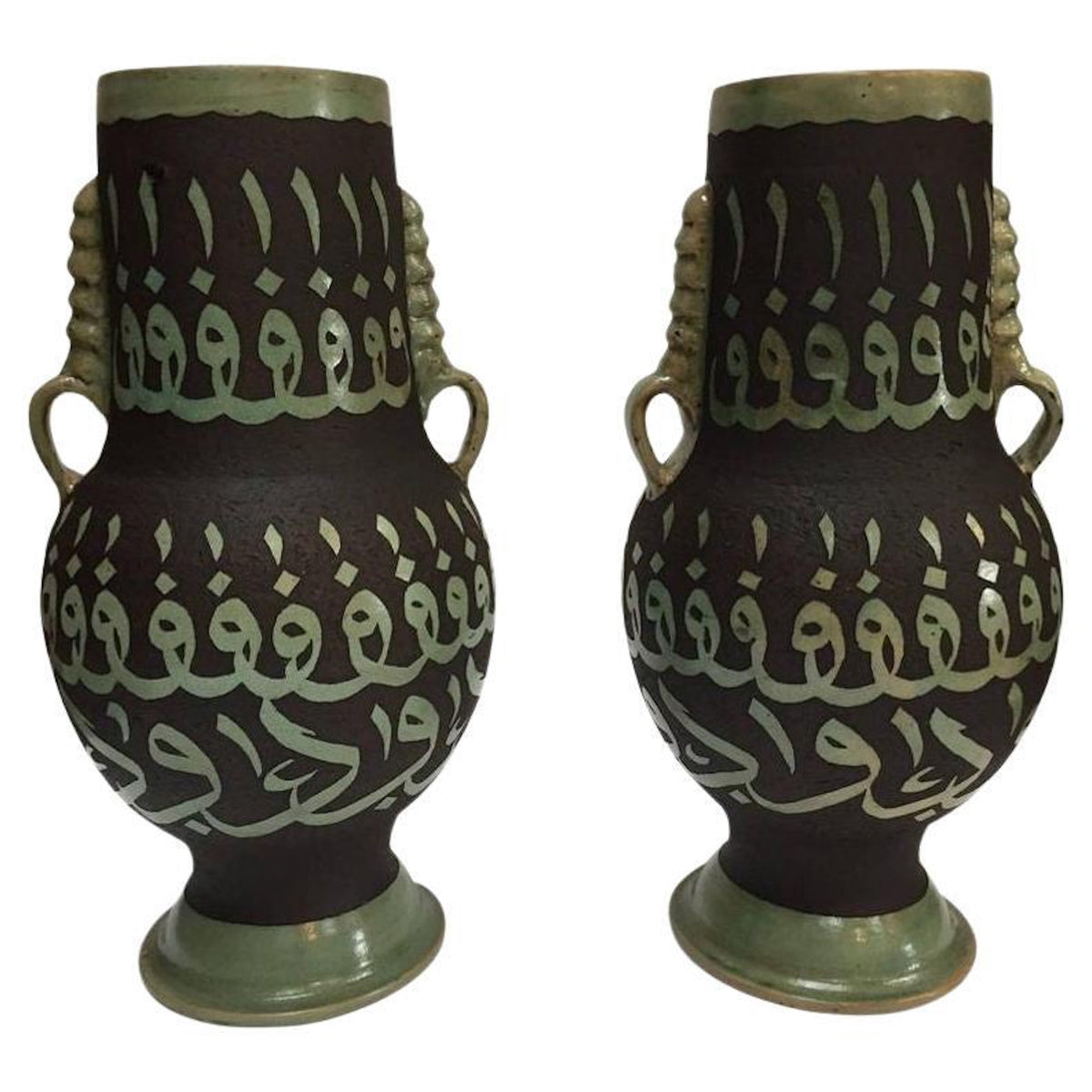 Moroccan Ceramic Vases with Moorish Calligraphy Handcrafted in Fez, a Pair — Morocco
