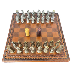 Italian Roman-Style Chess Set Cast Metal and Leather Leather Board Circa 1960