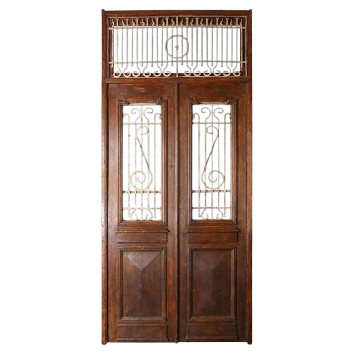 Antique French Painted Double Entry Doors with Transom Wood and Wrought Iron — France
