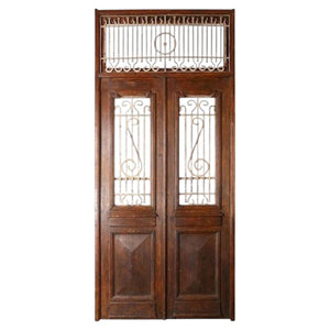 Antique French Painted Double Entry Doors with Transom Wood and Wrought Iron