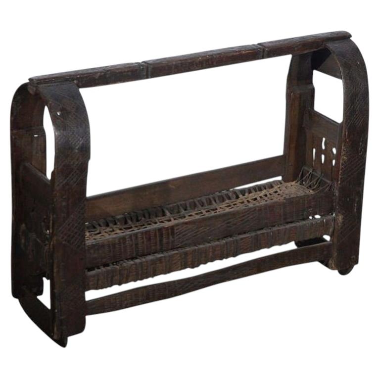 Antique Indian Tribal Carved-Wood Infant Cradle with Woven Bed, circa 1900 — additional view 2
