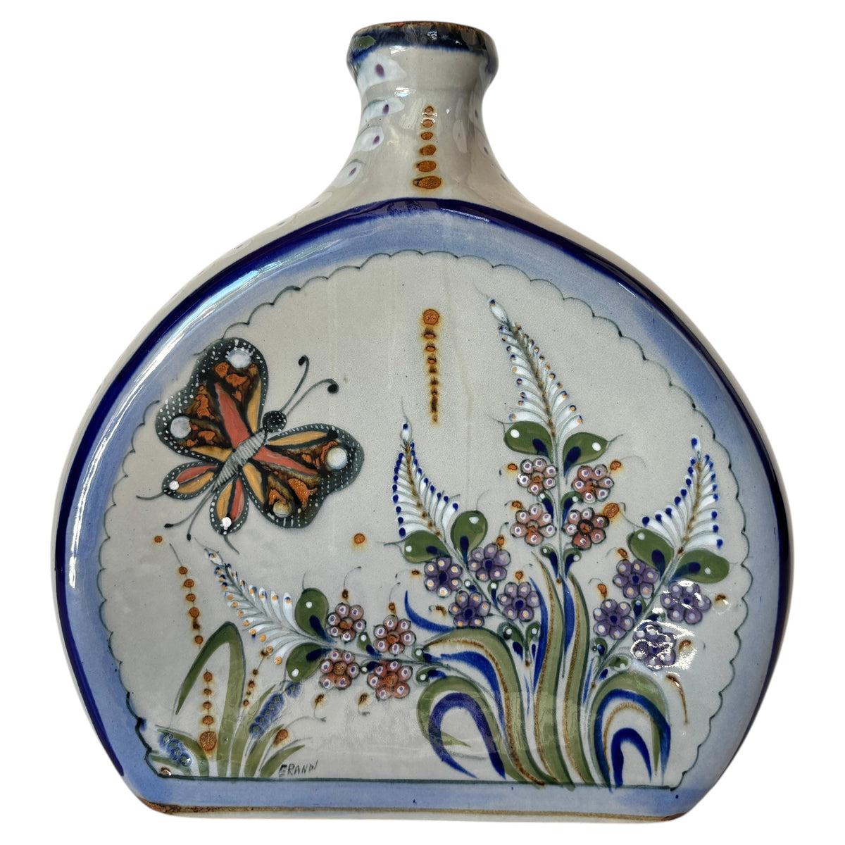 Vintage Erandi Tonalá Pottery Flask Vase, Hand-Painted, Signed, Circa 1970s — main image