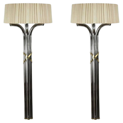 Pair of Monumental 1970s Chrome and Brass Wall Sconces, Jansen Style