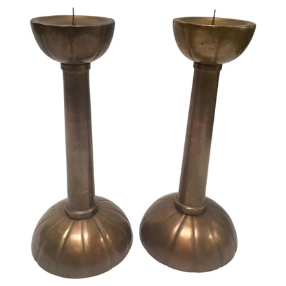 Pair of Large Brass Japanese Candlesticks on a Round Scalloped Base and Top — additional view 11
