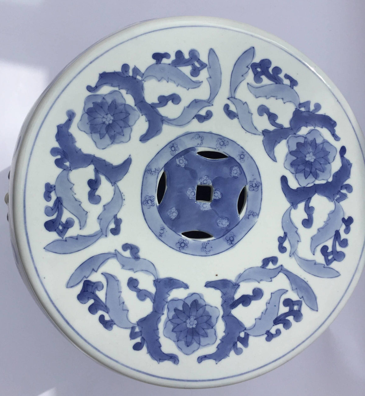 Ceramic Asian Garden Seat in Blue and White Floral Motifs — China