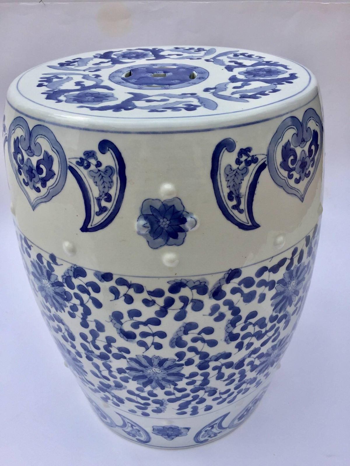 Ceramic Asian Garden Seat in Blue and White Floral Motifs — China
