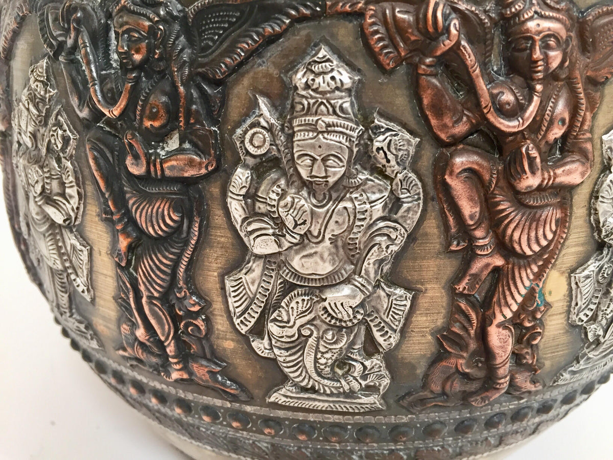 Large Burmes Brass, Copper, Silver Inlaid Ceremonial Bowl with Avatars of Vishnu — India