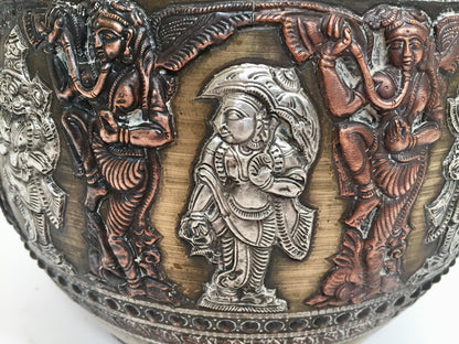Large Burmes Brass, Copper, Silver Inlaid Ceremonial Bowl with Avatars of Vishnu — India