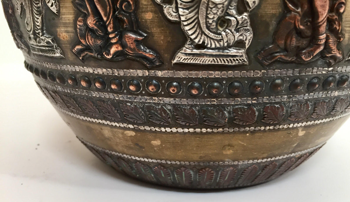 Large Burmes Brass, Copper, Silver Inlaid Ceremonial Bowl with Avatars of Vishnu — India