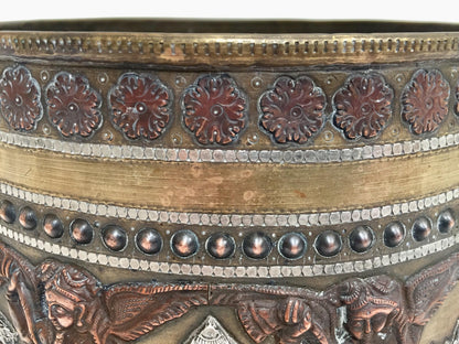 Large Burmes Brass, Copper, Silver Inlaid Ceremonial Bowl with Avatars of Vishnu — India