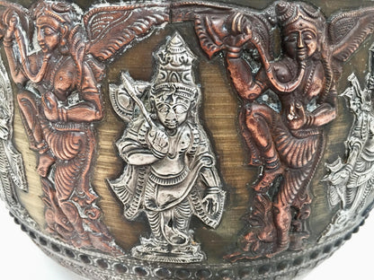 Large Burmes Brass, Copper, Silver Inlaid Ceremonial Bowl with Avatars of Vishnu — India