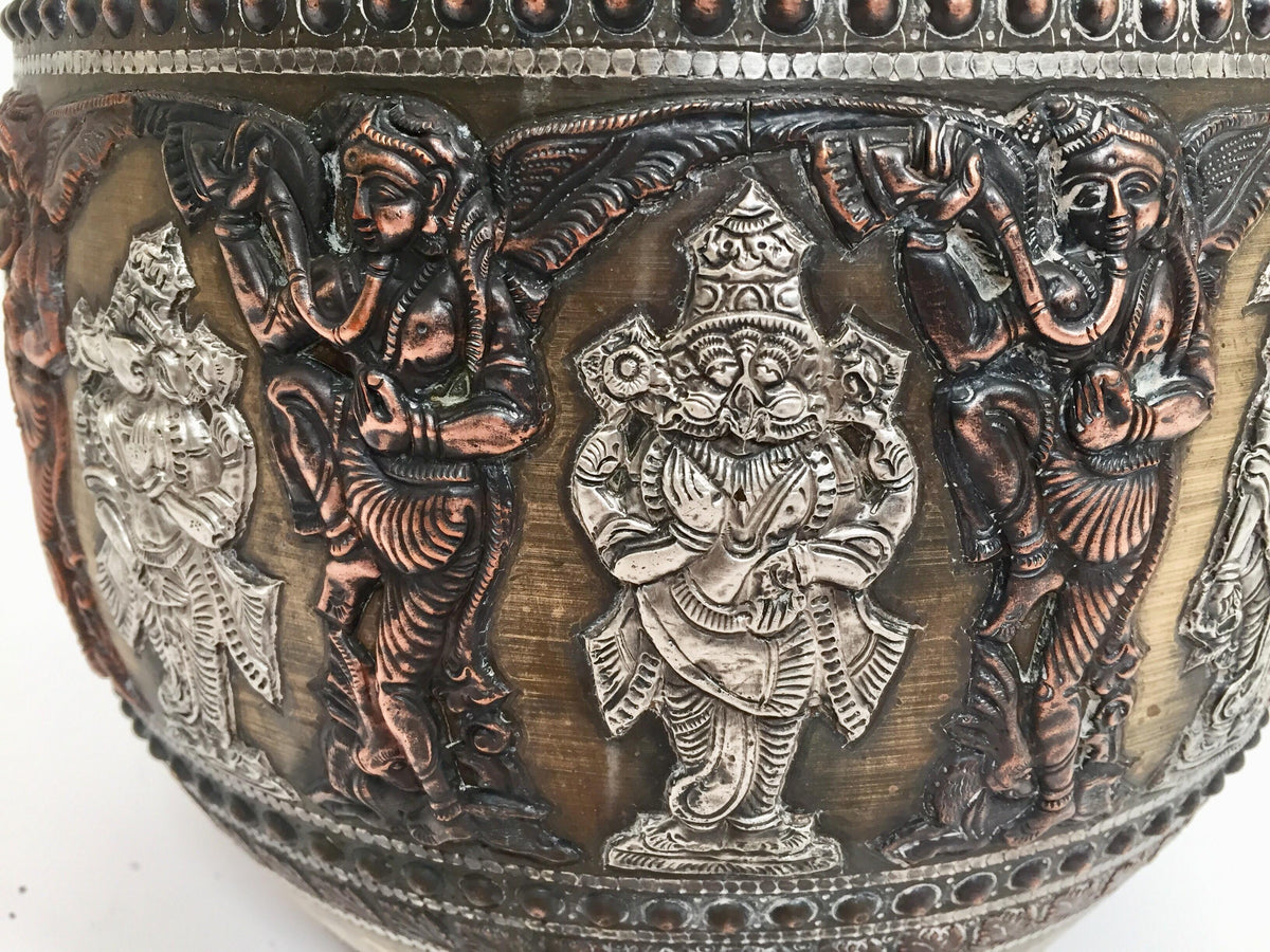 Large Burmes Brass, Copper, Silver Inlaid Ceremonial Bowl with Avatars of Vishnu — India