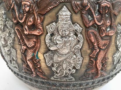 Large Burmes Brass, Copper, Silver Inlaid Ceremonial Bowl with Avatars of Vishnu — India