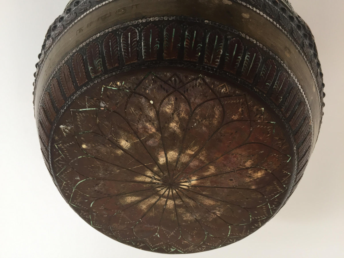 Large Burmes Brass, Copper, Silver Inlaid Ceremonial Bowl with Avatars of Vishnu — India