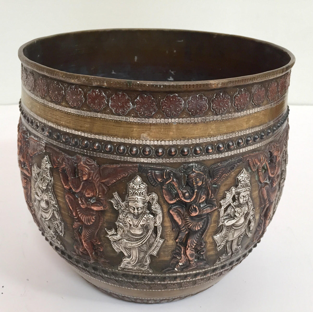 Large Burmes Brass, Copper, Silver Inlaid Ceremonial Bowl with Avatars of Vishnu — India
