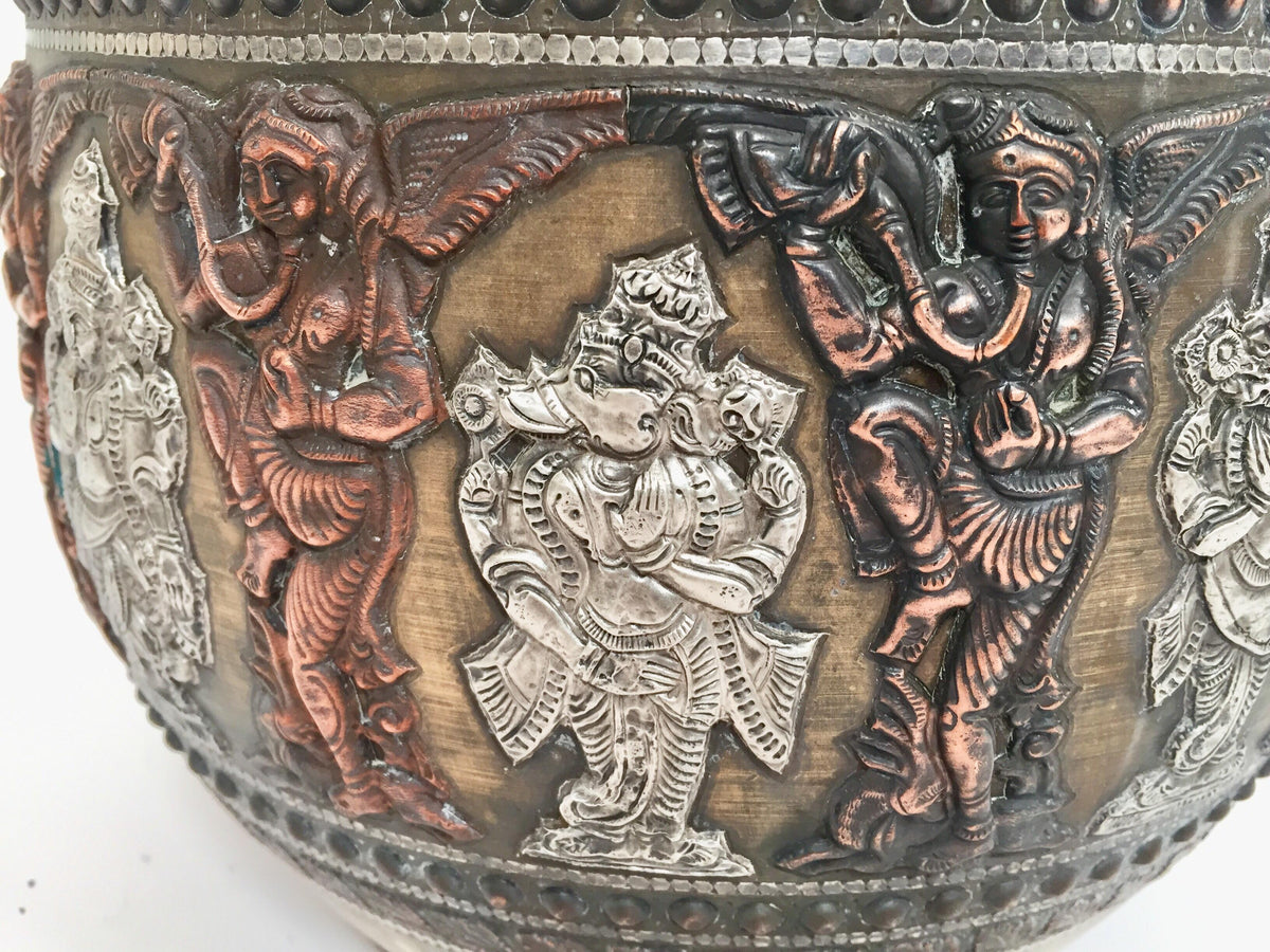 Large Burmes Brass, Copper, Silver Inlaid Ceremonial Bowl with Avatars of Vishnu — India