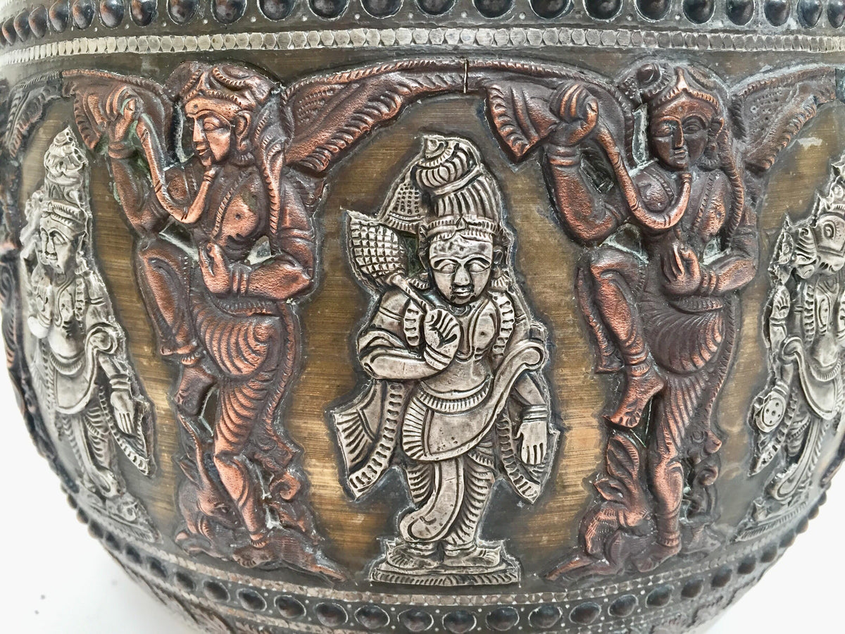 Large Burmes Brass, Copper, Silver Inlaid Ceremonial Bowl with Avatars of Vishnu — India