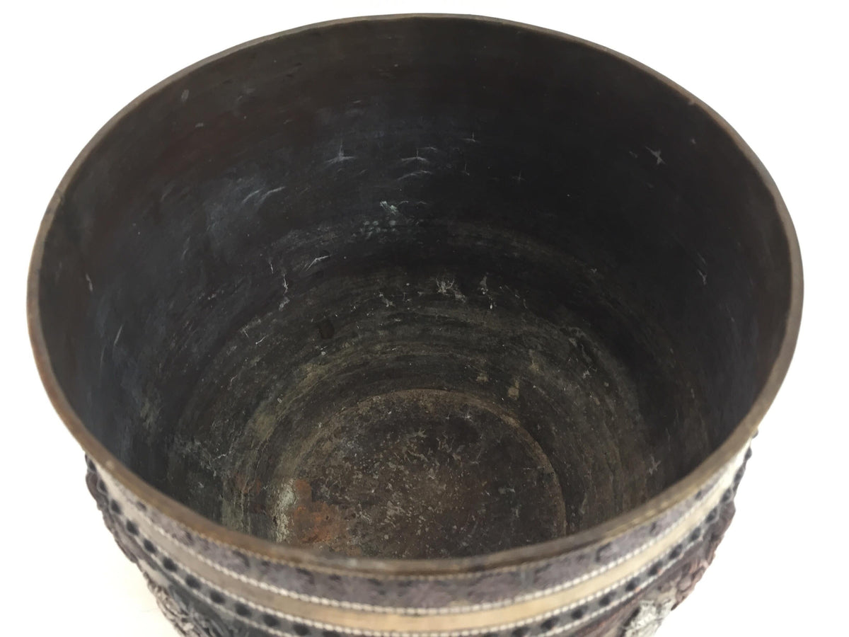 Large Burmes Brass, Copper, Silver Inlaid Ceremonial Bowl with Avatars of Vishnu — India