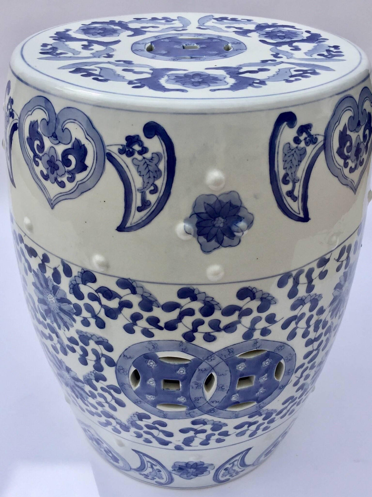 Ceramic Asian Garden Seat in Blue and White Floral Motifs — China