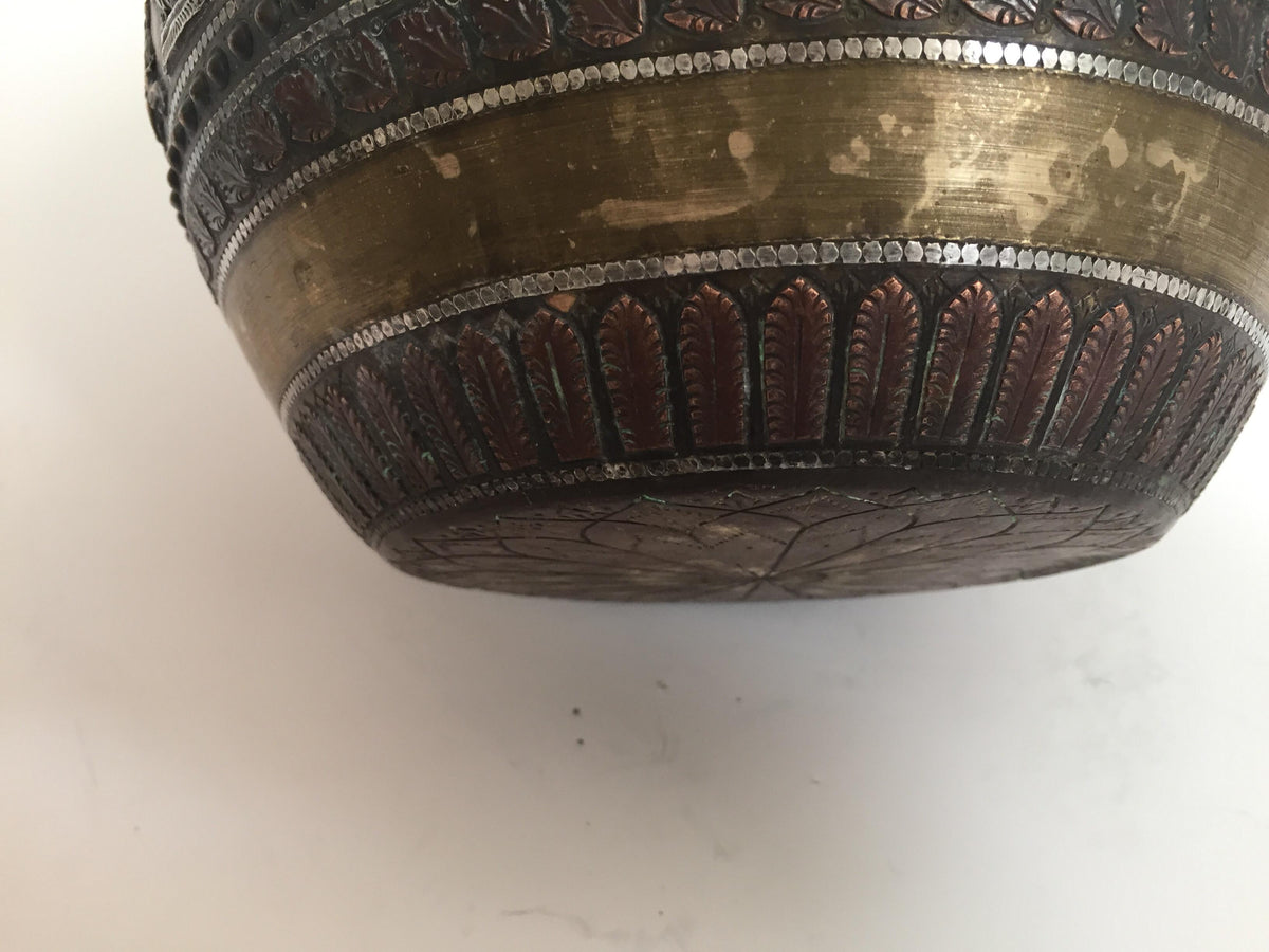 Large Burmes Brass, Copper, Silver Inlaid Ceremonial Bowl with Avatars of Vishnu — India