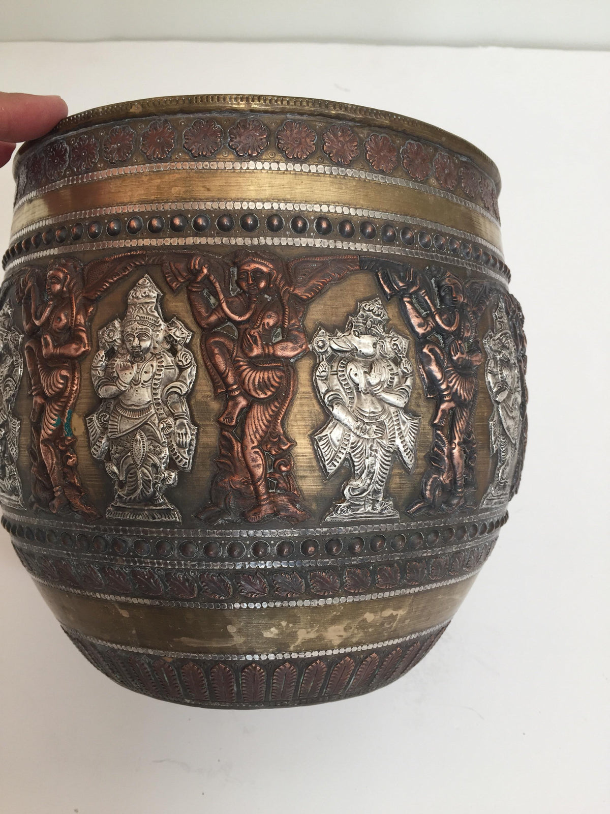 Large Burmes Brass, Copper, Silver Inlaid Ceremonial Bowl with Avatars of Vishnu — India
