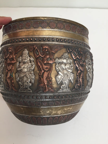 Large Burmes Brass, Copper, Silver Inlaid Ceremonial Bowl with Avatars of Vishnu — India