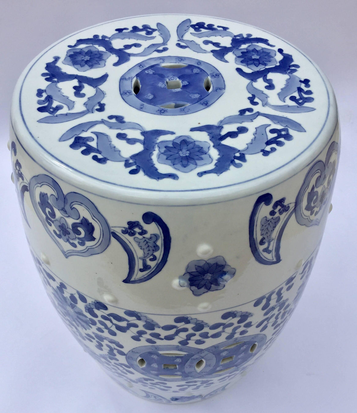 Ceramic Asian Garden Seat in Blue and White Floral Motifs — China