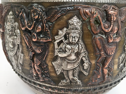 Large Burmes Brass, Copper, Silver Inlaid Ceremonial Bowl with Avatars of Vishnu — India