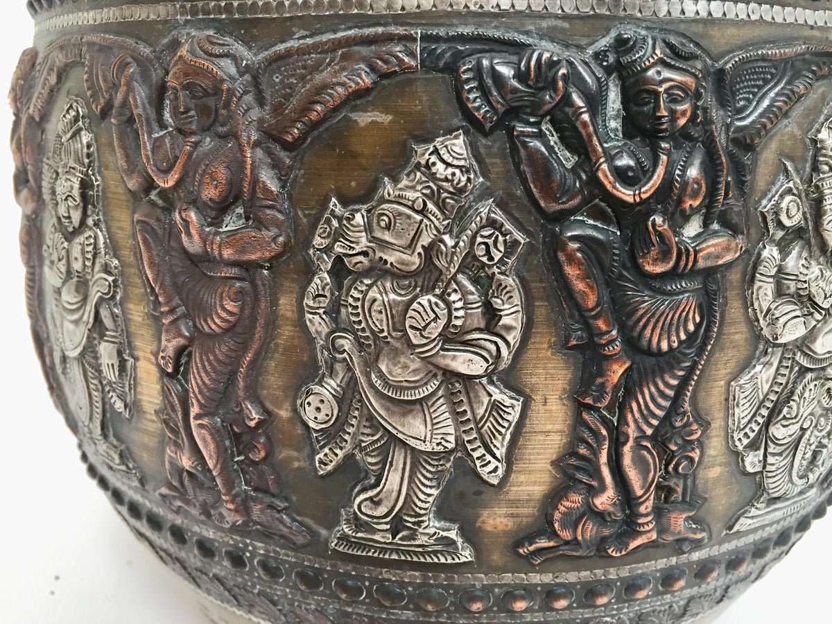 Large Burmes Brass, Copper, Silver Inlaid Ceremonial Bowl with Avatars of Vishnu — India