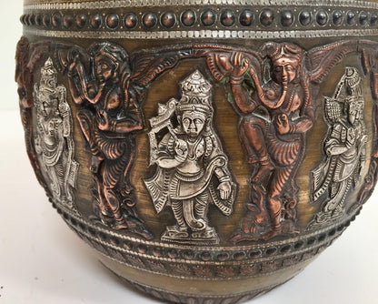 Large Burmes Brass, Copper, Silver Inlaid Ceremonial Bowl with Avatars of Vishnu — India