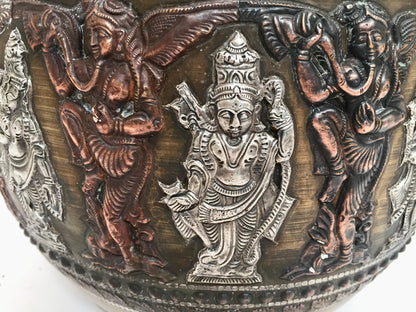 Large Burmes Brass, Copper, Silver Inlaid Ceremonial Bowl with Avatars of Vishnu — India