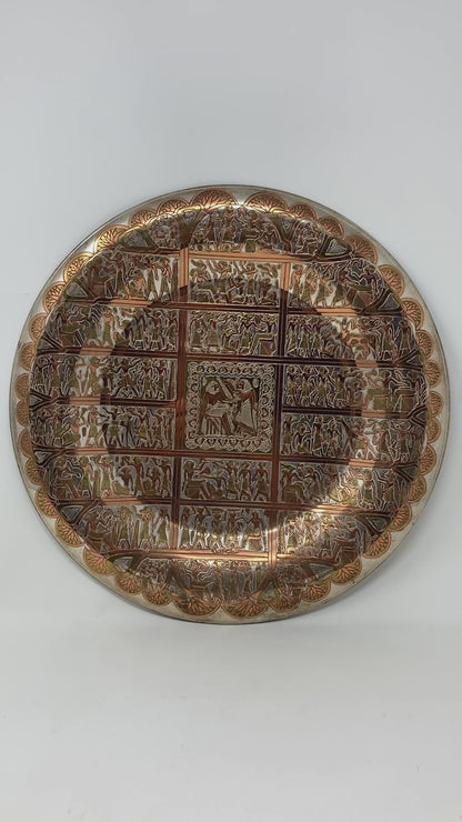 Egyptian Round Brass Tray with Silver and Copper Overlay Wall Hanging Decor