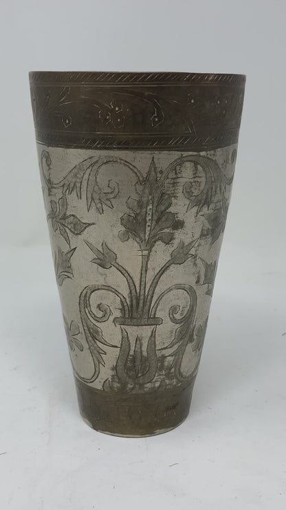 Antique Engraved Metal Silvered Beaker or Vase from India 1940s