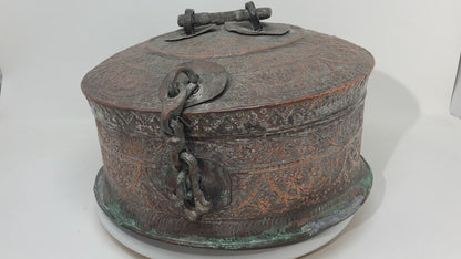 Antique South Asian Mughal Round Tinned Copper Box with Lid India 19th Century