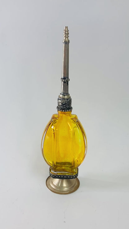 Moroccan Footed Glass Perfume Bottle Sprinkler with Embossed Metal Overlay