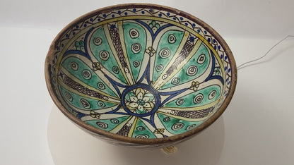 Antique 19th C. Moroccan Ceramic Bowl Polychrome Footed Dish Fez