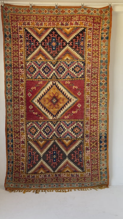 Vintage Moroccan Boujad Berber Rug, Hand-Knotted Wool, Folk Art, 1960s