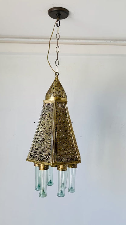 Antique Mamluk Turkish Pierced Brass Hanging Hexagonal Pendant Light Fixture