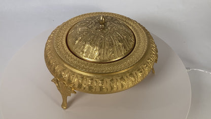 1960 Vintage Gold Tone Islamic Moorish Roll Top Caviar Footed Dish Server