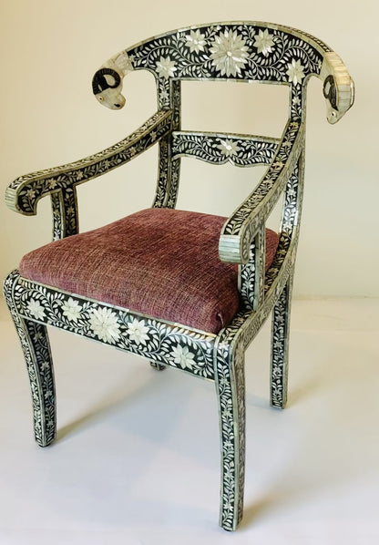 Anglo-Indian Mughal Mother of Pearl Inlaid Klismos Armchair with Ram Head 1 of 2