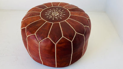 Moroccan Brown Leather Pouf, Embroidered Ottoman, Vintage Style